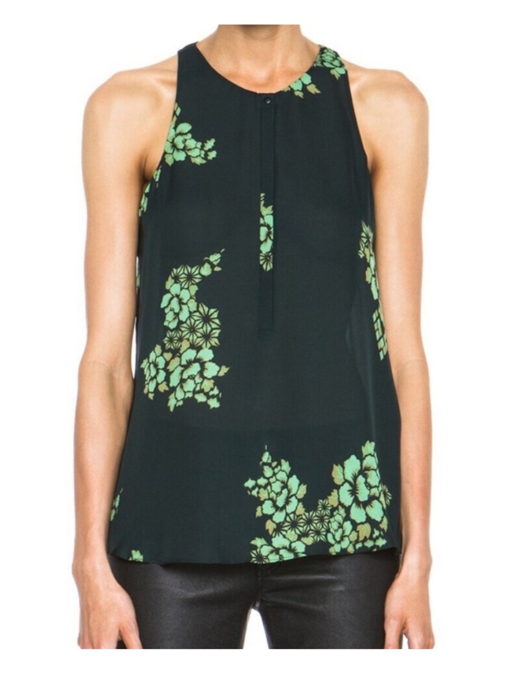 A.L.C. Lennox 100% Silk Floral Tank Top Green Racerback Blouse Medium Sleeveless